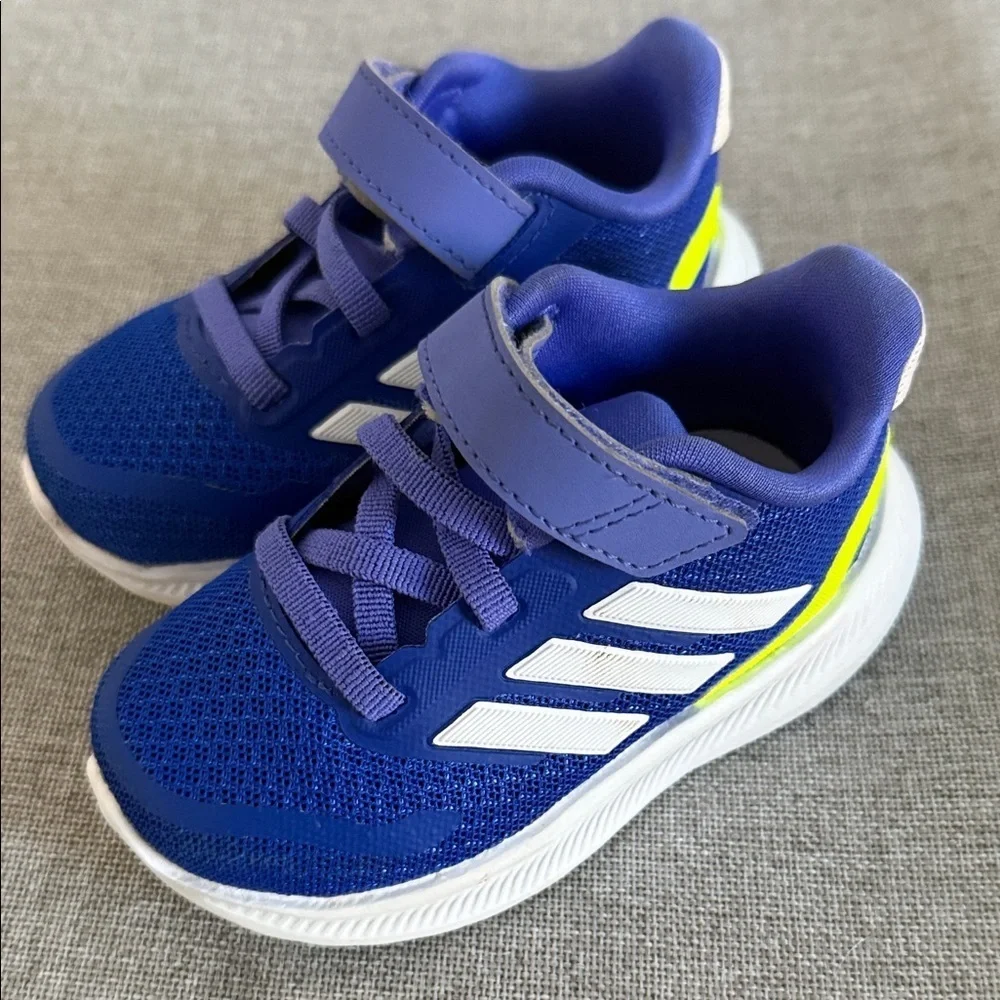 Adidas toddler Runfalcon 5 Blue and White Sneakers with Neon Accents